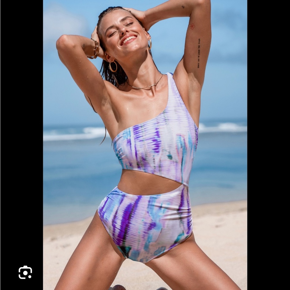 Cupshe Tie-Dye One-Shoulder Cutout One-Piece Swimsuit - Purple/Blue